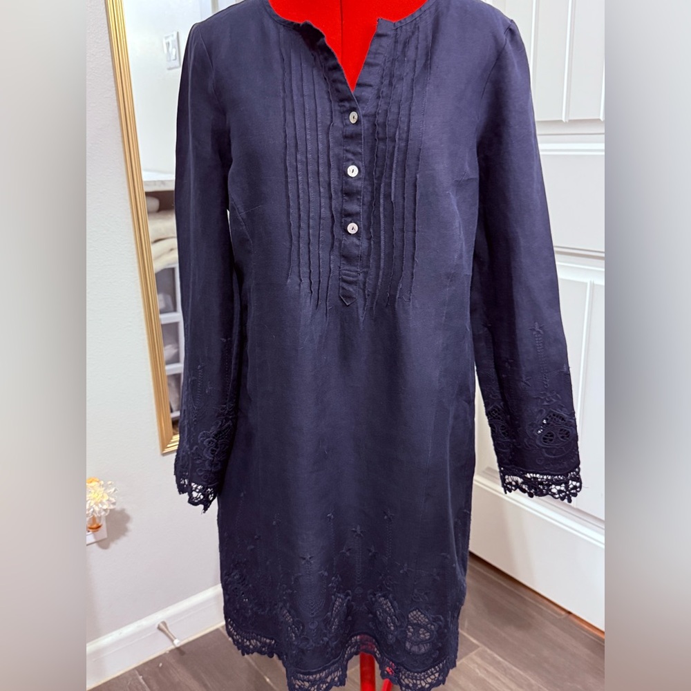 Malvin 100% Linen Tunic Dress V-Neck Embroidered Dark Navy LongSleeve Shift sz12